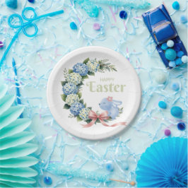 Aquarell-Oster-Hortensien-Kranz Süßer Hase Pappteller