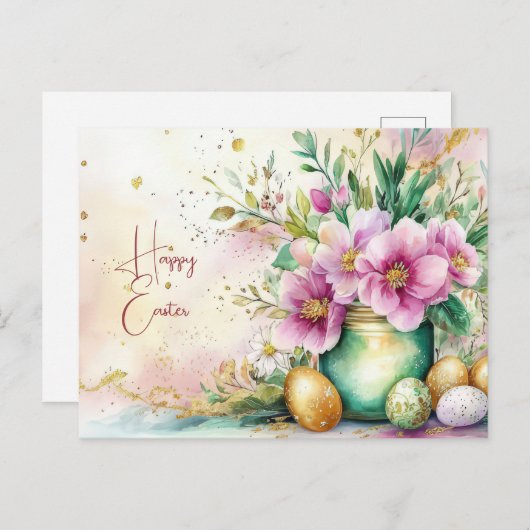 Aquarell Oster Postkarte mit Ostereiern und Blumen (Vorne/Hinten)