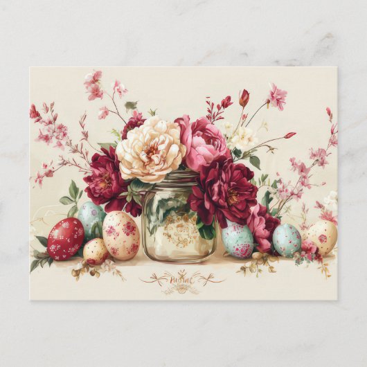 Aquarell Oster Postkarte mit Ostereiern und Blumen (Vorderseite)
