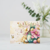 Aquarell Oster Postkarte mit Ostereiern und Blumen (Stehend Vorderseite)