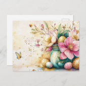 Aquarell Oster Postkarte mit Ostereiern und Blumen (Vorne/Hinten)
