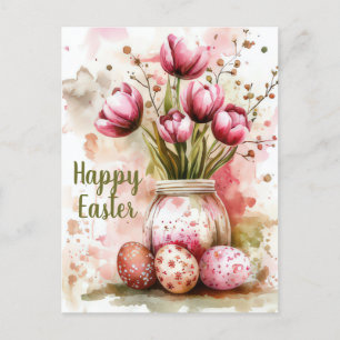 Aquarell Oster Postkarte mit Ostereiern und Blumen