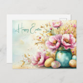 Aquarell Oster Postkarte mit Ostereiern und Blumen (Vorne/Hinten)