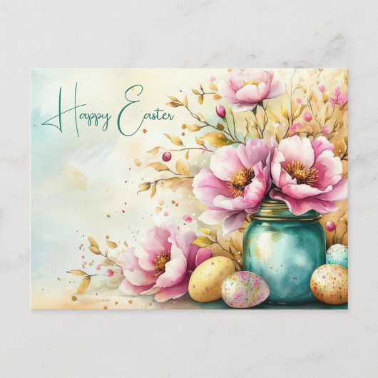 Aquarell Oster Postkarte mit Ostereiern und Blumen (Vorderseite)