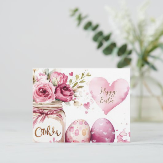 Aquarell Oster Postkarte mit Ostereiern und Blumen (Stehend Vorderseite)