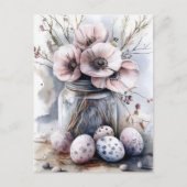 Aquarell Oster Postkarte mit Ostereiern und Blumen (Vorderseite)
