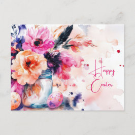 Aquarell Oster Postkarte mit Ostereiern und Blumen