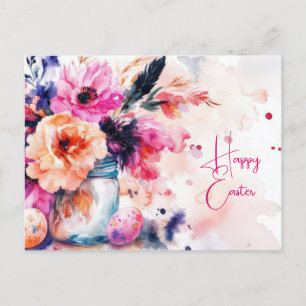 Aquarell Oster Postkarte mit Ostereiern und Blumen