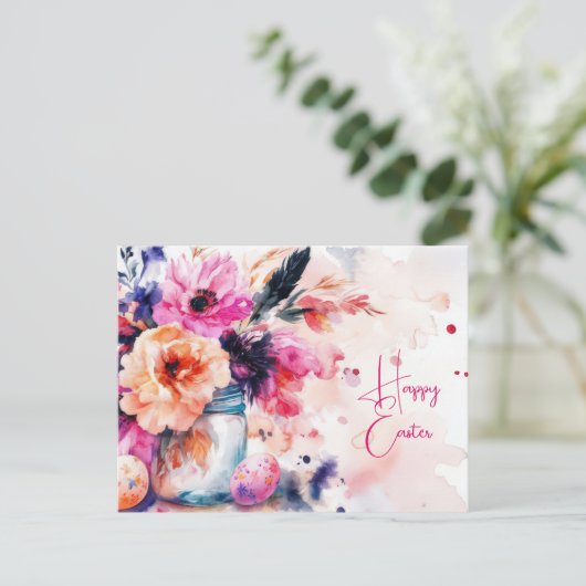Aquarell Oster Postkarte mit Ostereiern und Blumen (Stehend Vorderseite)