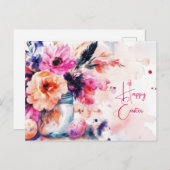 Aquarell Oster Postkarte mit Ostereiern und Blumen (Vorne/Hinten)