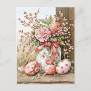 Aquarell Oster Postkarte mit Ostereiern und Blumen