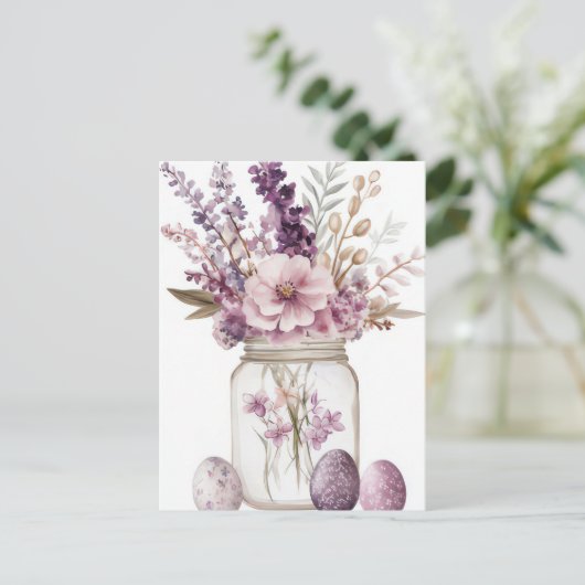 Aquarell Oster Postkarte mit Ostereiern und Blumen (Stehend Vorderseite)