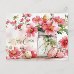 Aquarell Oster Postkarte mit Ostereiern und Blumen