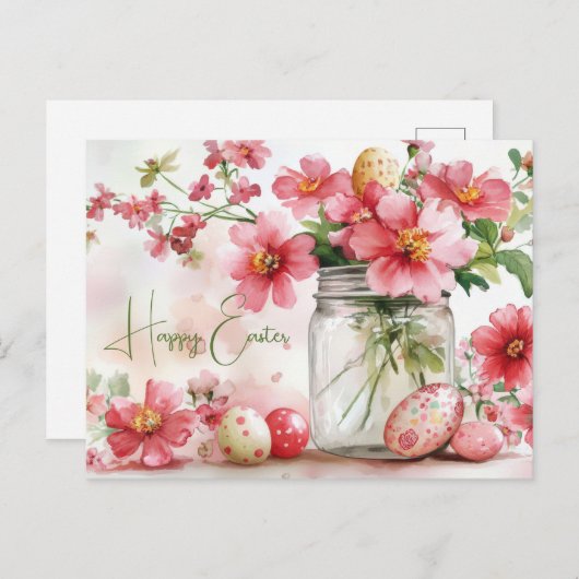 Aquarell Oster Postkarte mit Ostereiern und Blumen (Vorne/Hinten)