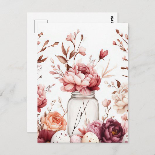 Aquarell Oster Postkarte mit Ostereiern und Blumen (Vorne/Hinten)