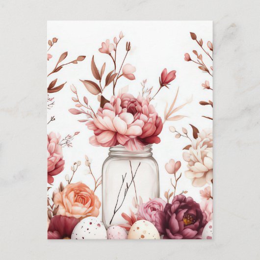 Aquarell Oster Postkarte mit Ostereiern und Blumen (Vorderseite)