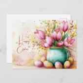 Aquarell Oster Postkarte mit Ostereiern und Blumen (Vorne/Hinten)