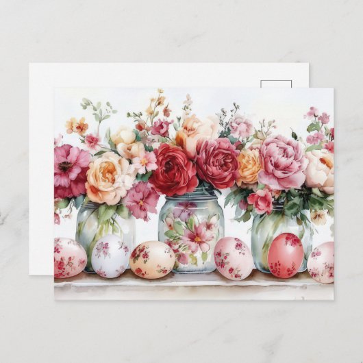 Aquarell Oster Postkarte mit Ostereiern und Blumen (Vorne/Hinten)