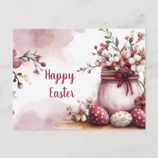 Aquarell Oster Postkarte mit Ostereiern und Blumen (Vorderseite)