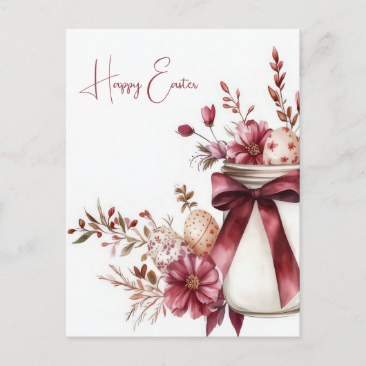 Aquarell Oster Postkarte mit Ostereiern und Blumen (Vorderseite)