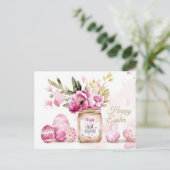 Aquarell Oster Postkarte mit Ostereiern und Blumen (Stehend Vorderseite)