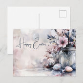 Aquarell Oster Postkarte mit Ostereiern und Blumen (Vorne/Hinten)