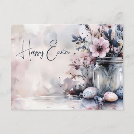 Aquarell Oster Postkarte mit Ostereiern und Blumen (Vorderseite)