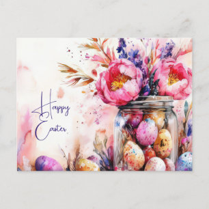 Aquarell Oster Postkarte mit Ostereiern und Blumen