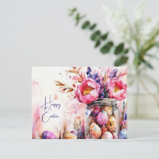Aquarell Oster Postkarte mit Ostereiern und Blumen (Stehend Vorderseite)