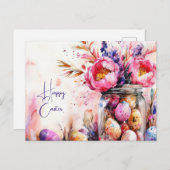 Aquarell Oster Postkarte mit Ostereiern und Blumen (Vorne/Hinten)