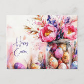 Aquarell Oster Postkarte mit Ostereiern und Blumen (Vorderseite)