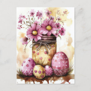 Aquarell Oster Postkarte mit Ostereiern und Blumen