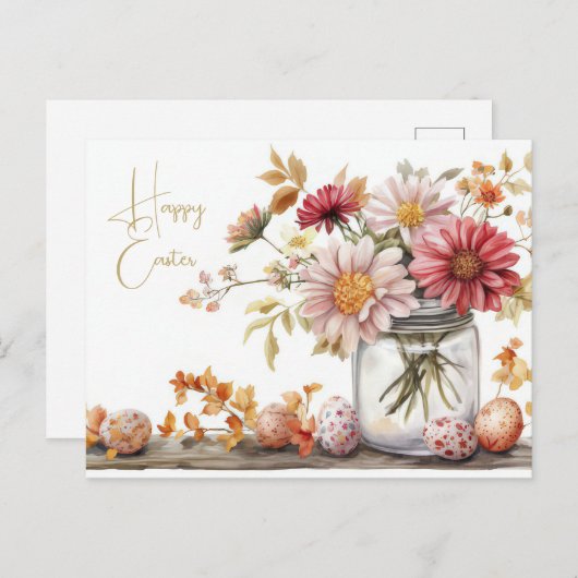 Aquarell Oster Postkarte mit Ostereiern und Blumen (Vorne/Hinten)