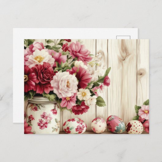 Aquarell Oster Postkarte mit Ostereiern und Blumen (Vorne/Hinten)