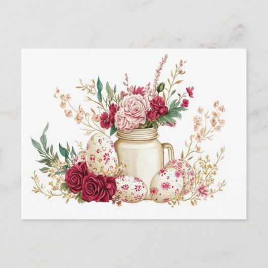 Aquarell Oster Postkarte mit Ostereiern und Blumen (Vorderseite)