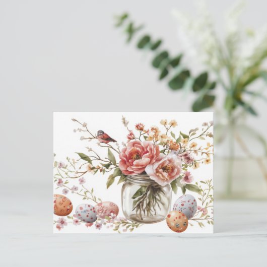 Aquarell Oster Postkarte mit Ostereiern und Blumen (Stehend Vorderseite)
