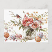 Aquarell Oster Postkarte mit Ostereiern und Blumen (Vorderseite)
