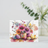 Aquarell Oster Postkarte mit Ostereiern und Blumen (Stehend Vorderseite)