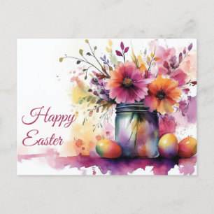 Aquarell Oster Postkarte mit Ostereiern und Blumen