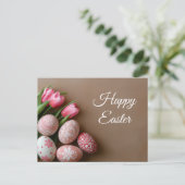 Aquarell Oster Postkarte mit Ostereiern und Tulpen (Stehend Vorderseite)