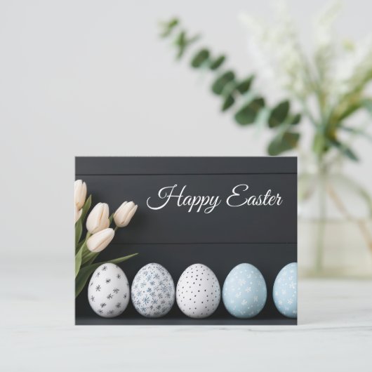 Aquarell Oster Postkarte mit Ostereiern und Tulpen (Stehend Vorderseite)