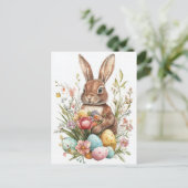 Aquarell Oster Postkarte mit Osterhase und Blumen (Stehend Vorderseite)