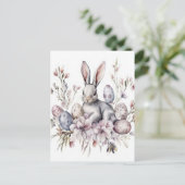 Aquarell Oster Postkarte mit Osterhase und Blumen (Stehend Vorderseite)