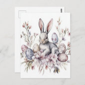 Aquarell Oster Postkarte mit Osterhase und Blumen (Vorne/Hinten)