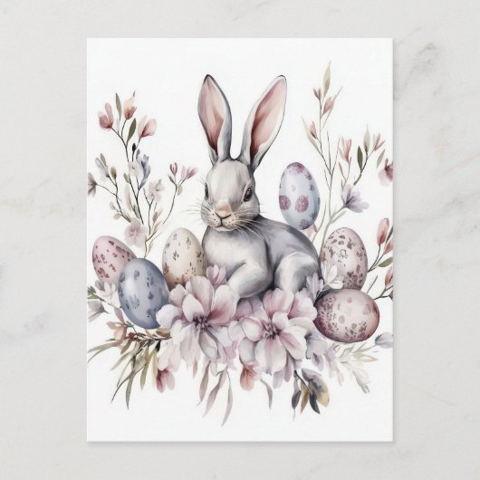 Aquarell Oster Postkarte mit Osterhase und Blumen (Vorderseite)