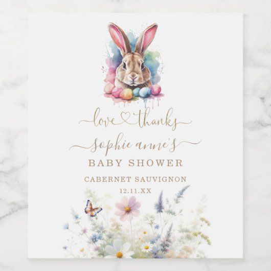 Aquarell Osterferien Wildblumen Bunny Baby Dusche Weinetikett (Einzelnes Label)
