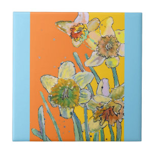 Aquarell-Osterglocken-Blume-Blumen-Orange-Gelb Fliese