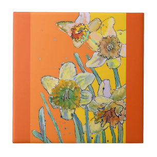 Aquarell-Osterglocken-Blume-Blumen-Orange-Gelb Fliese