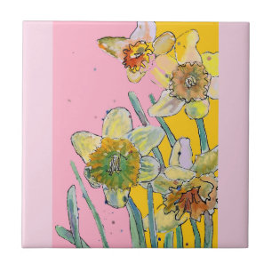 Aquarell-Osterglocken-Blume-Blumenmuster Rosa Gelb Fliese