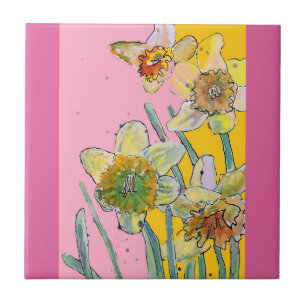 Aquarell-Osterglocken-Blume-Blüten-Rosa-Gelb Fliese